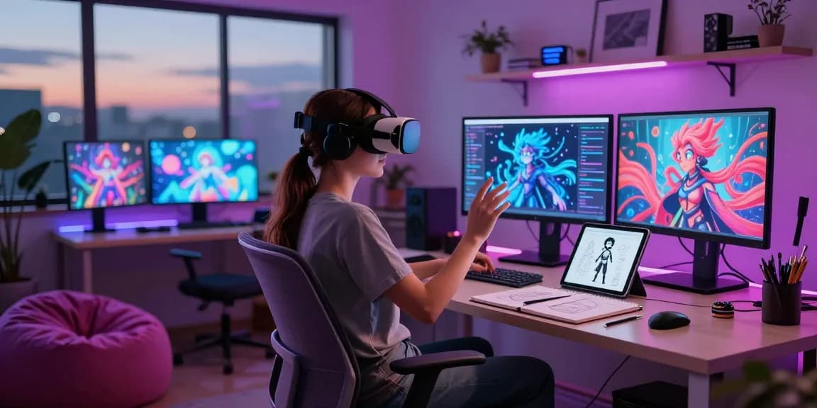 Engaging with nsfw ai technology in a digital art studio filled with immersive virtual reality elements.