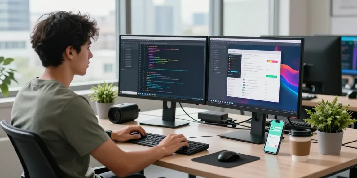 WhatsApp下載 on a developer's screen in a modern workspace with tech gadgets.