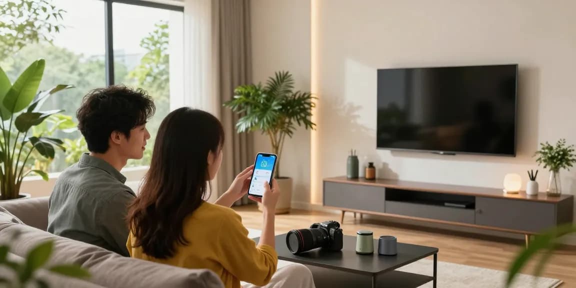 Couple adjusting their smart thermostat in a modern living room with plants and tech gadgets.