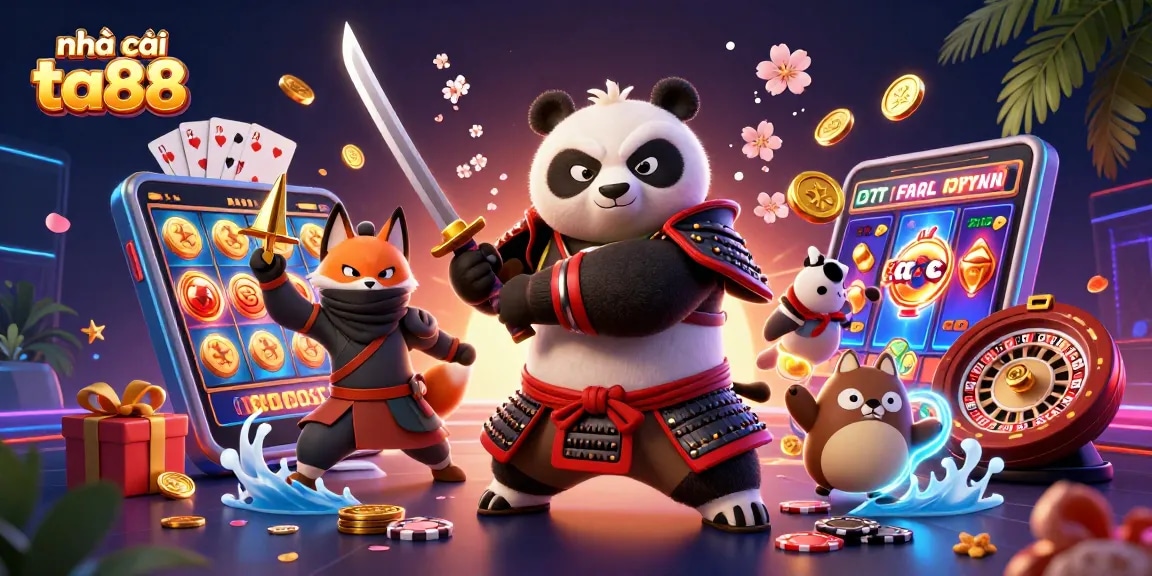 Engage with nhà cái ta88 through a vibrant illustration of a samurai panda, ninja fox, and magical tanuki in a thrilling casino scene.