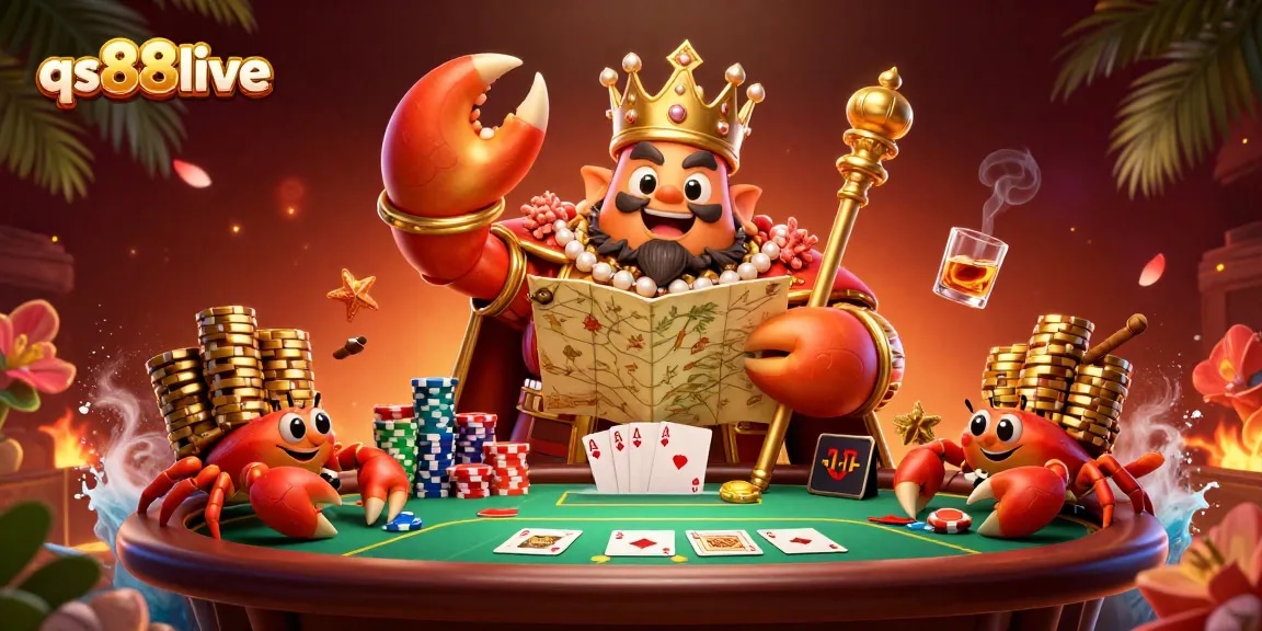 Experience excitement at qs88live with a golden crab emperor among vibrant poker elements and lavish treasures.