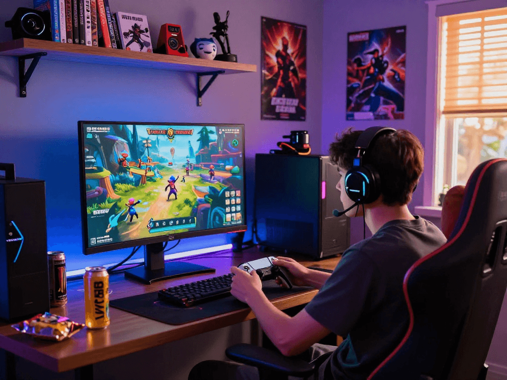 Engaged gamer playing an adult game surrounded by gaming collectibles and vibrant neon lights.