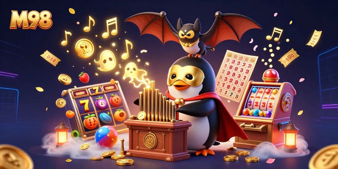 M98 brings exhilarating slot action with a mystical penguin playing a golden pipe organ in a 3D casino scene.