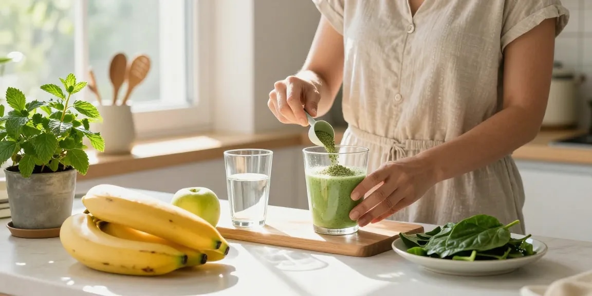 Buy green Vietnam Kratom while preparing a healthy smoothie with tropical ingredients in a cozy kitchen.