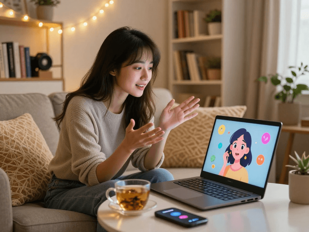 Engaging ai sex chat experience with animated AI avatar on a cozy couch