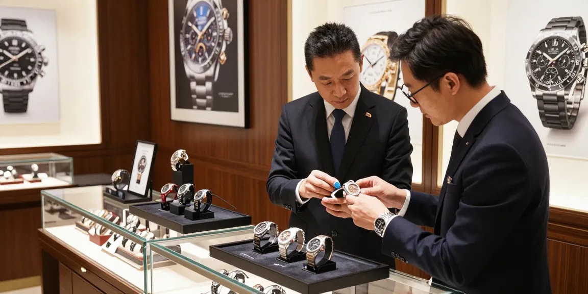 Super clone watches displayed elegantly in a luxury retail setting with attentive customer service.