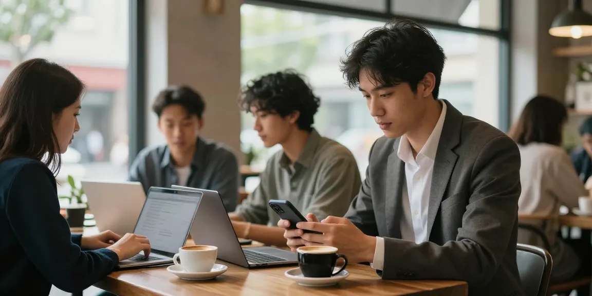 소액결제현금화를 알아보는 젊은 직장인과 커피를 마시는 동료들