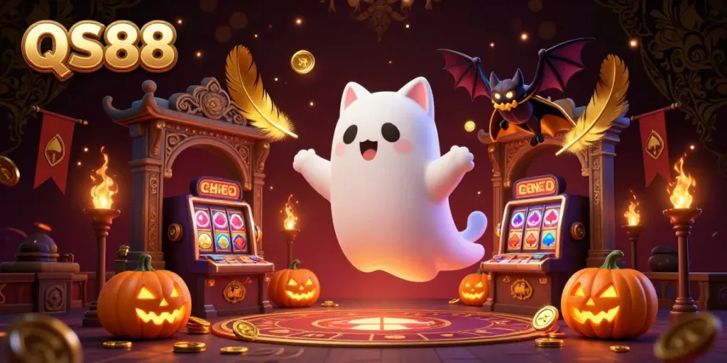 Experience the thrilling world of QS88 with a ghost cat and vampire bat amidst a vibrant haunted casino scene.