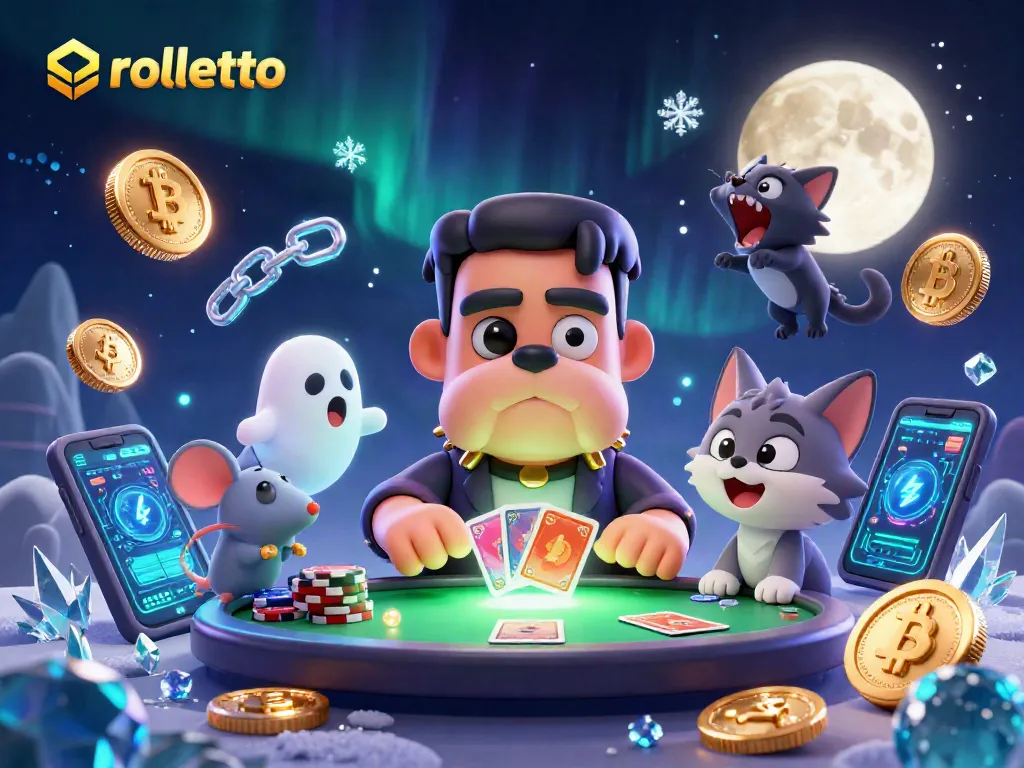 rolletto casino features a Frankenstein bulldog card dealer, gold moon, crypto coins in a vibrant 3D scene