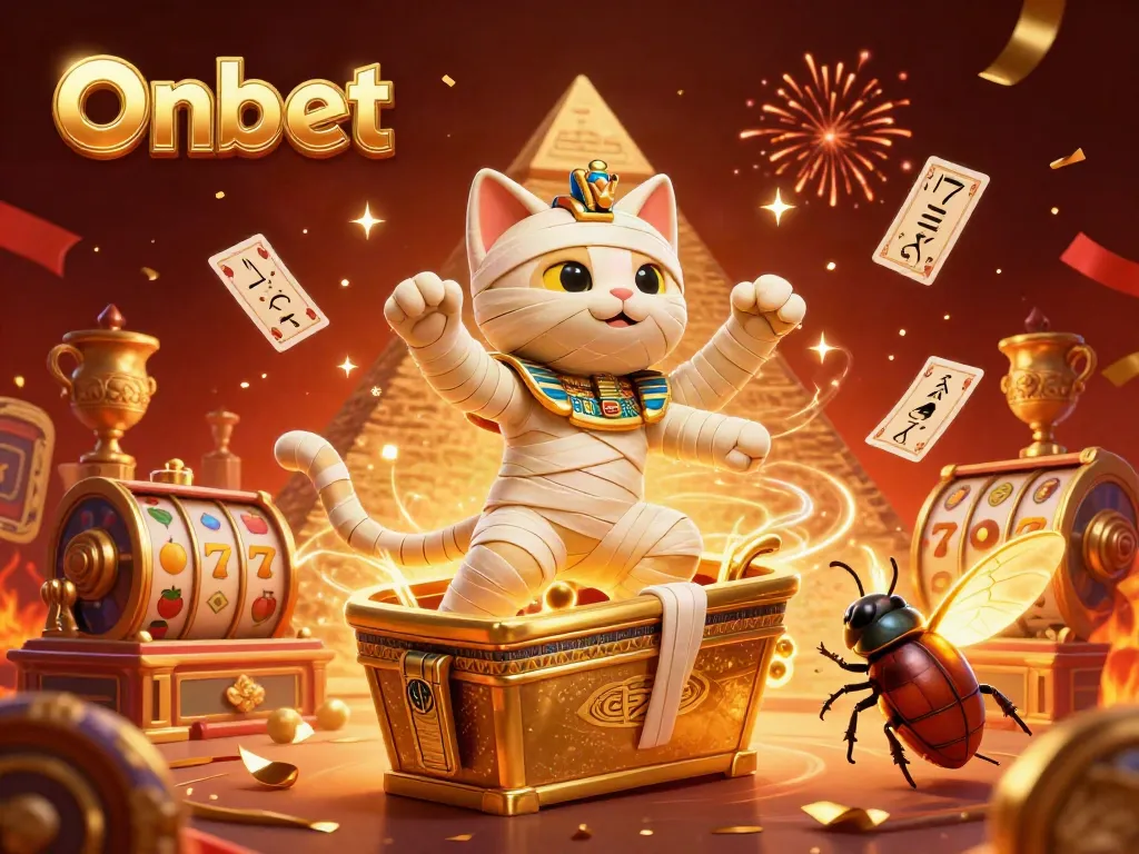 Experience Onbet's thrilling casino world with a mummy cat and dynamic slot gaming elements.