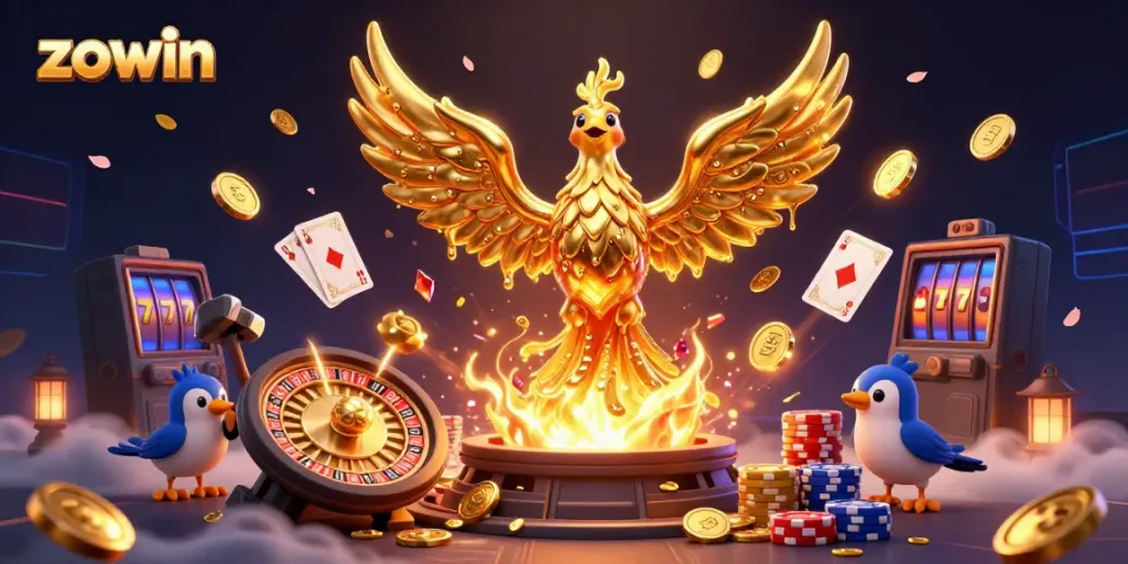 Experience thrilling gaming with zowin’s golden phoenix emanating coins from the forge in a vibrant casino scene.