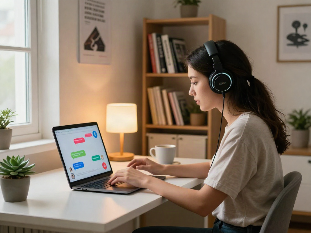 Engaging in ai sex chat with a relaxed home office vibe and colorful chat interface.
