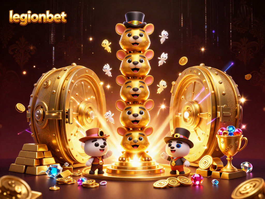 Experience the excitement of legionbet with a vibrant casino-themed illustration showcasing golden treasures.