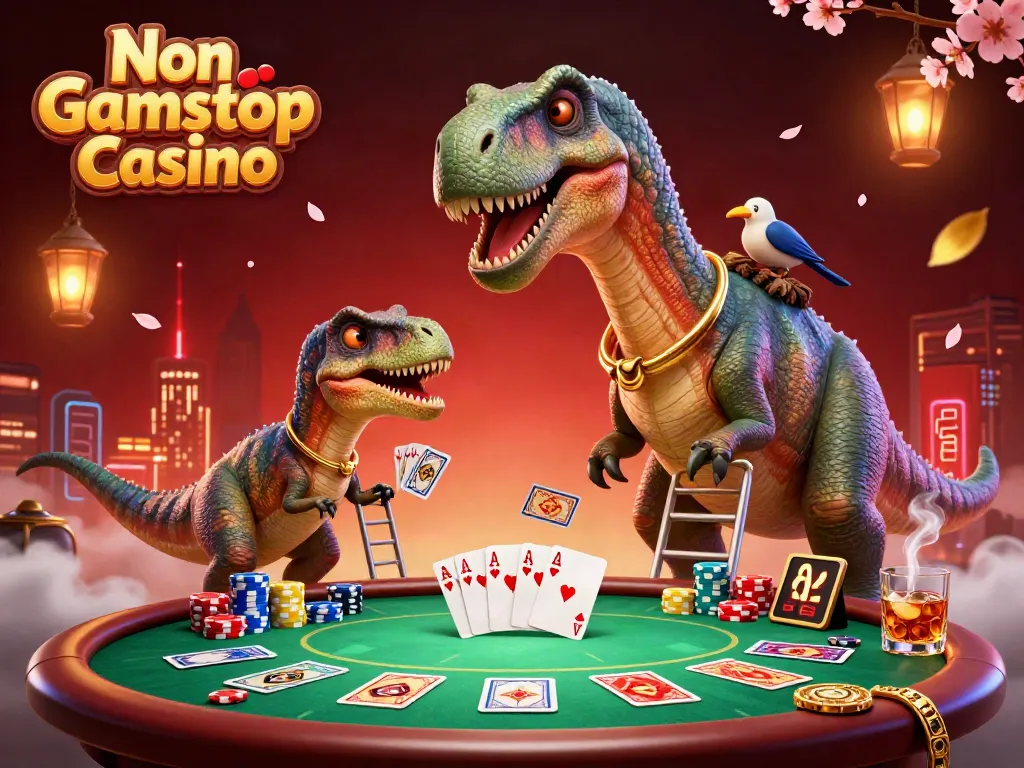 Engage with a vibrant Non Gamstop Casino scene featuring a brontosaurus and raptor interacting at a poker table.