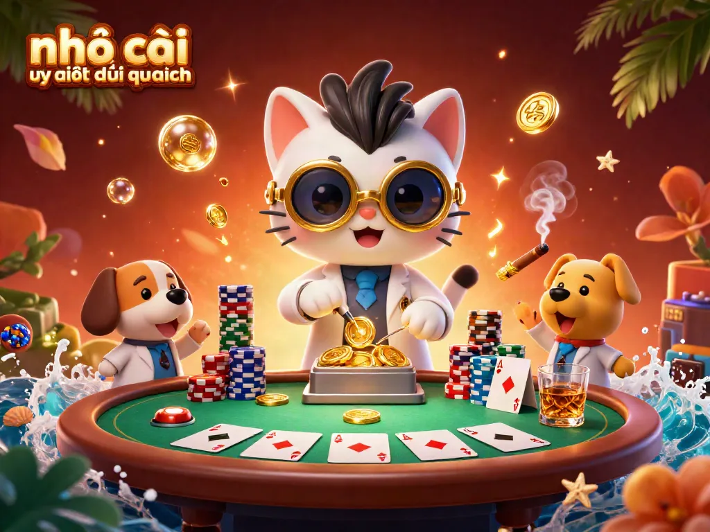 Engaging illustration for nhà cái trực tuyến uy tín được quan tâm showing a mad scientist cat and assistant in a lively casino scene.