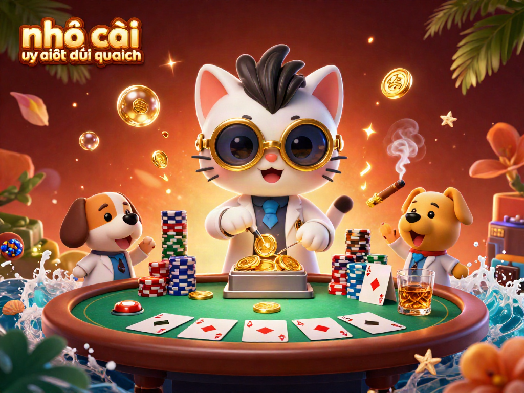 Engaging illustration for nhà cái trực tuyến uy tín được quan tâm showing a mad scientist cat and assistant in a lively casino scene.