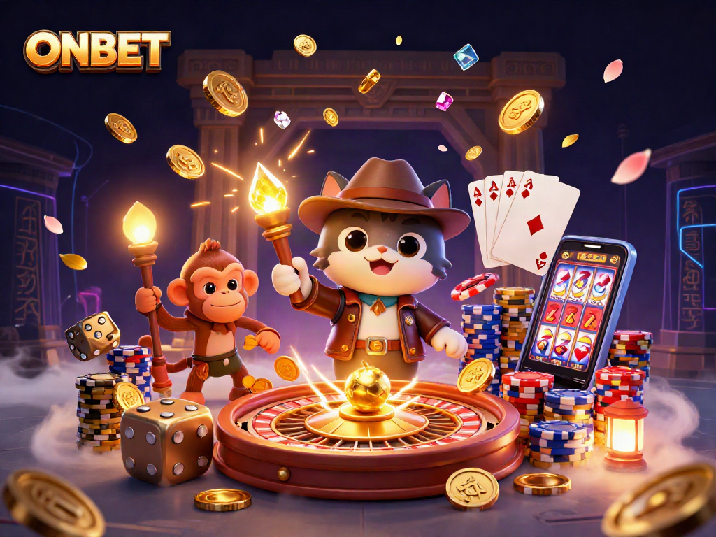 Engage with ONBET's thrilling adventure in a dynamic casino treasure hunt, featuring sparkling gems and vivid characters.