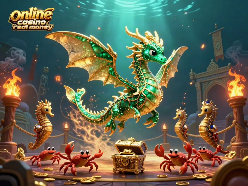 Experience the adventure of online casino real money gaming with a vibrant, mythical scene featuring a sea dragon and treasures.