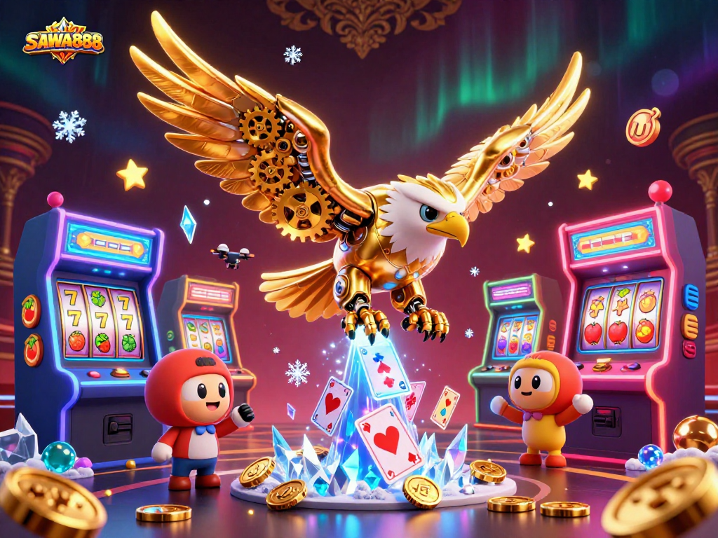 Experience exciting gameplay on SAWA888 as a golden eagle dives through holographic cards amidst vibrant arcade elements.