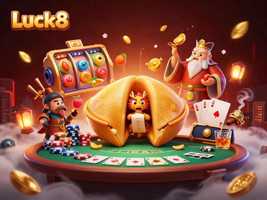 Luck8’s main character fortune cookie dragon presents exciting slot gameplay with vibrant symbols and poker elements.