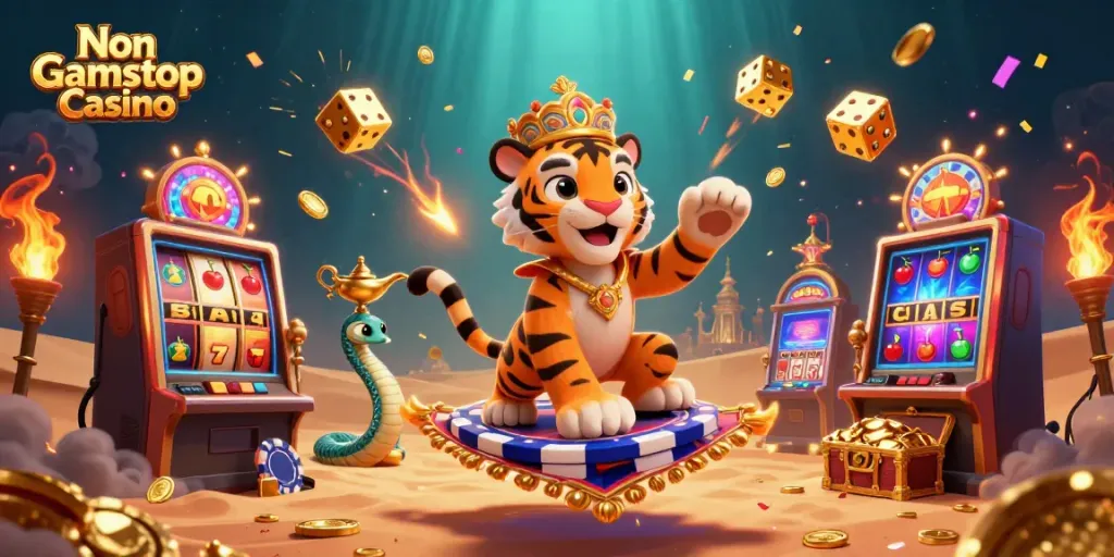 Experience the excitement of Non Gamstop Casino with a vibrant 3D scene featuring casino elements.