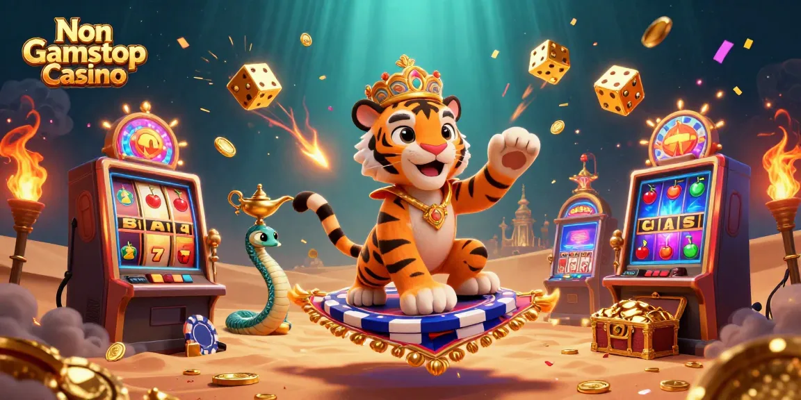 Experience the excitement of Non Gamstop Casino with a vibrant 3D scene featuring casino elements.