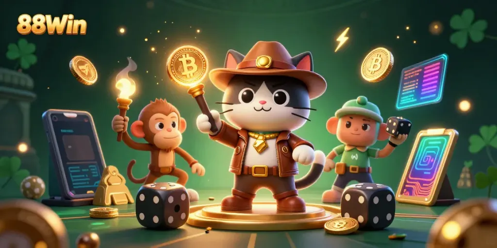 Engage in thrilling 88Win adventures as an archaeologist cat uncovers casino treasures.
