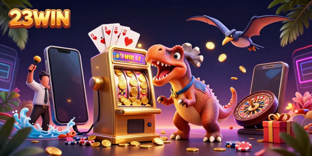 Witness the thrilling 23WIN scene with a pachycephalosaurus hitting a jackpot, embodying the casino excitement.