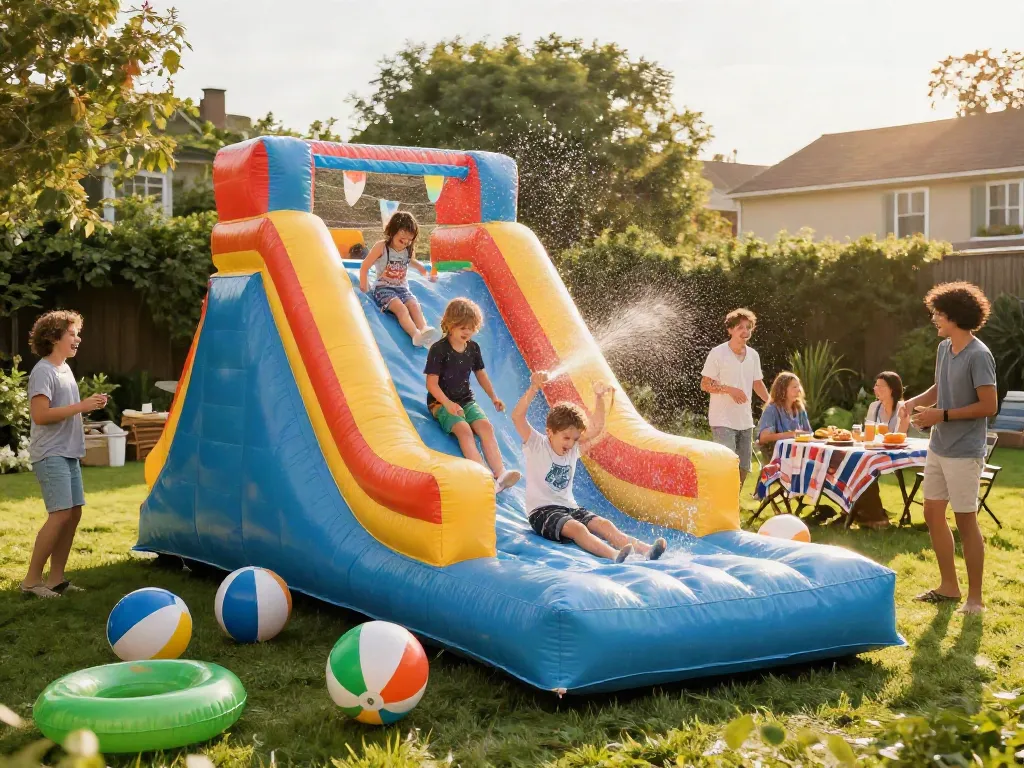 Kids having fun on a slip and slide during a summer backyard party.