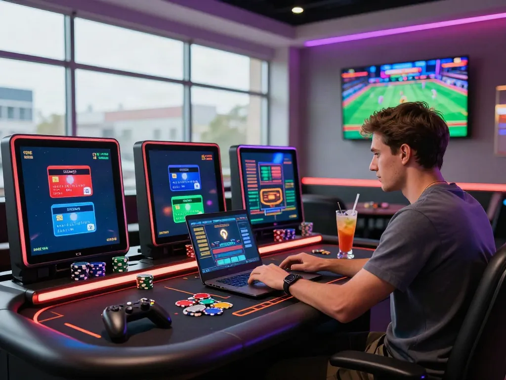 Player enjoying online games at credit card casinos with glowing interface and casino decor.
