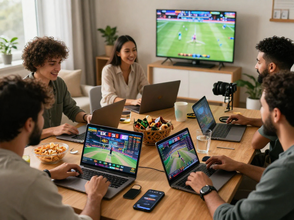 Group of online bettors engaging with EK 333 in a vibrant home office setting, placing bets while enjoying live sports.