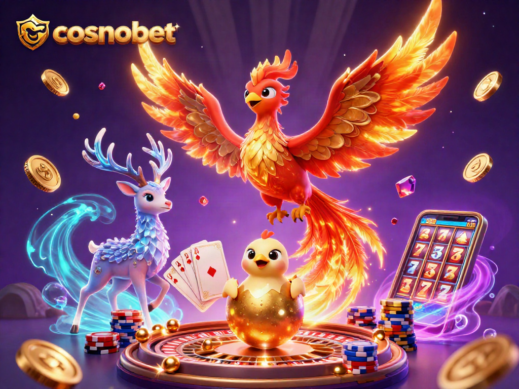 Experience the vibrant world of cosmobet with a fire phoenix, baby chick, and mystic stag in a rich casino scene.
