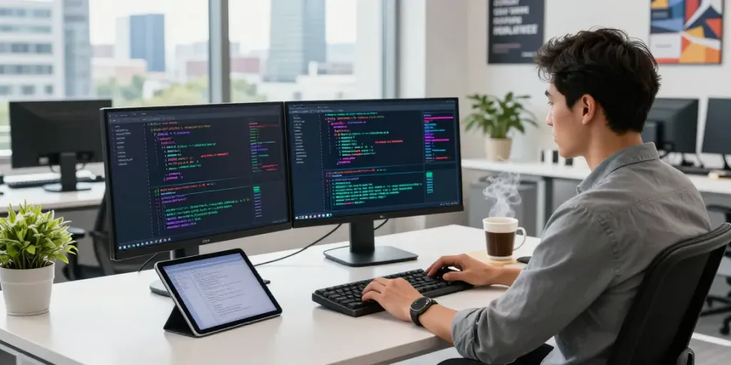 Developer engaged in instant indexing on dual monitors in a modern workspace.