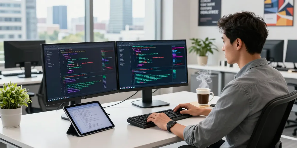 Developer engaged in instant indexing on dual monitors in a modern workspace.