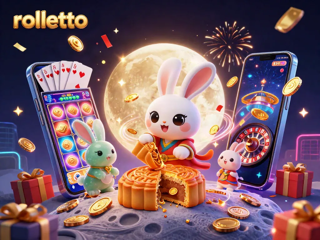 Experience rolletto's excitement with a playful moon rabbit amid vibrant casino symbols.