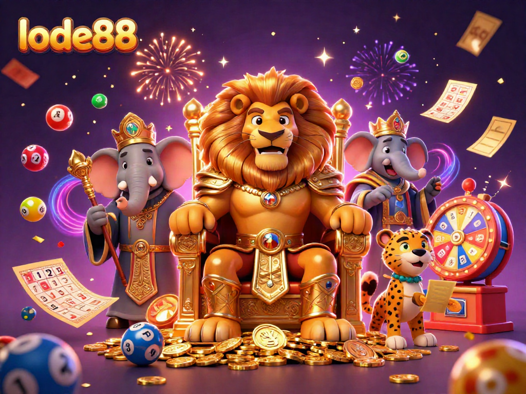 Experience the thrill of betting with Lode88's vibrant casino scene featuring dynamic game elements and exciting characters.