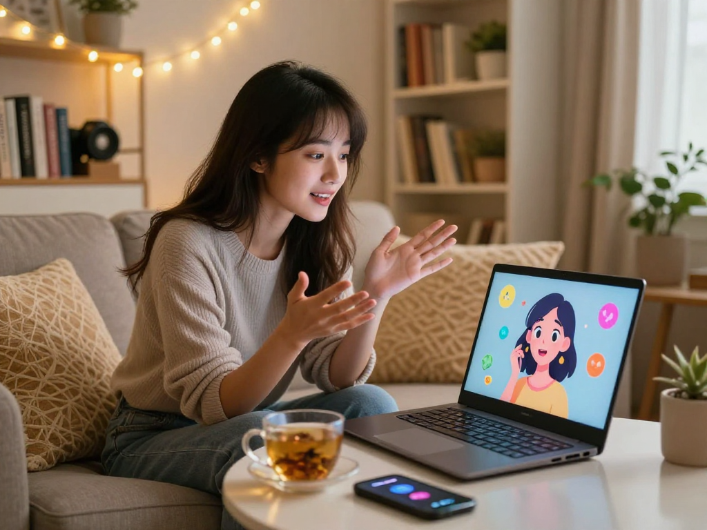 Engaging ai sex chat experience with animated AI avatar on a cozy couch