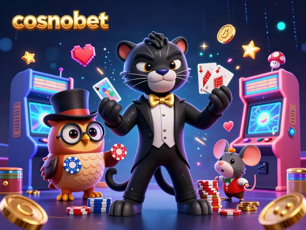 Experience thrilling gaming at cosmobet with colorful arcade machines and dynamic casino characters.