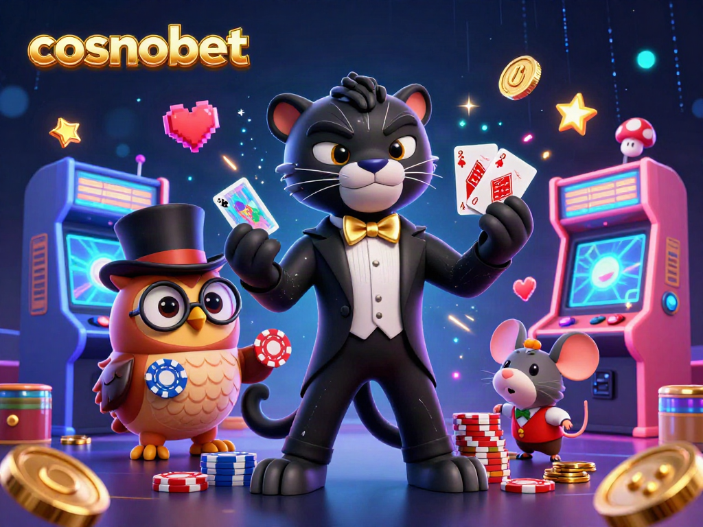 Experience thrilling gaming at cosmobet with colorful arcade machines and dynamic casino characters.