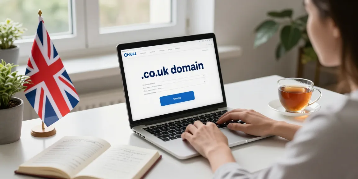 Researching cheap .co.uk domain options in a cozy home office setting.