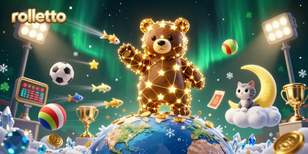 Rolletto offers vibrant gameplay with a cosmic bear and sports-themed elements in a colorful scene.