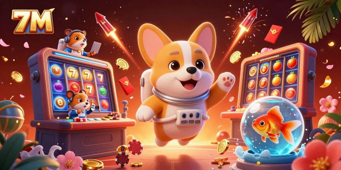 Experience thrilling slots in 7M with a corgi astronaut, hamster, and vibrant casino elements.