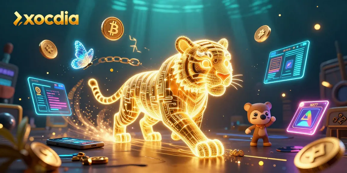 Experience xocdia in a vibrant digital casino, where golden tigers and dazzling crypto coins collide in an interactive gaming realm.
