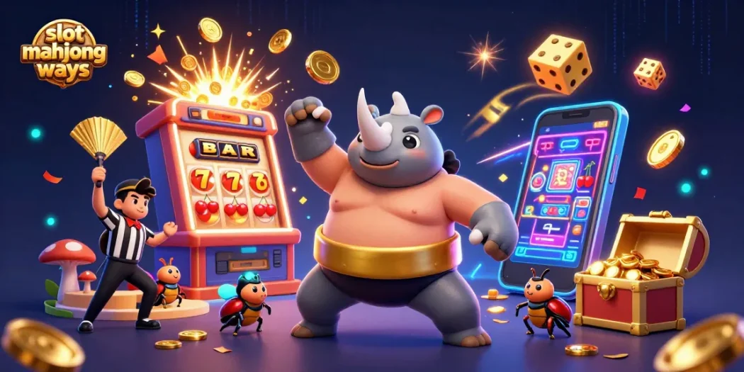 Experience the exciting slot mahjong ways with a dynamic scene of a beetle champion surrounded by casino elements.