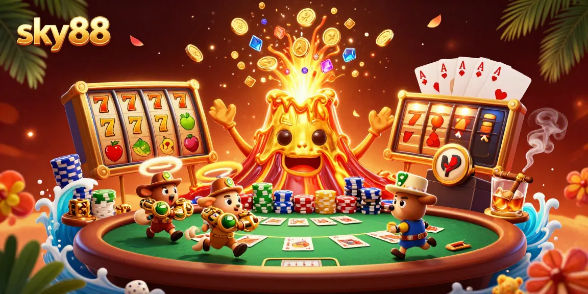Spin the reels and win with sky88, featuring a dynamic scene of treasures and casino elements.