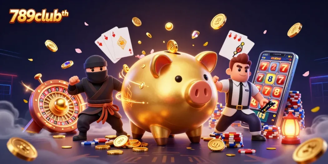 Get winning strategies at 789clubth featuring a lively casino scene with characters and coins.