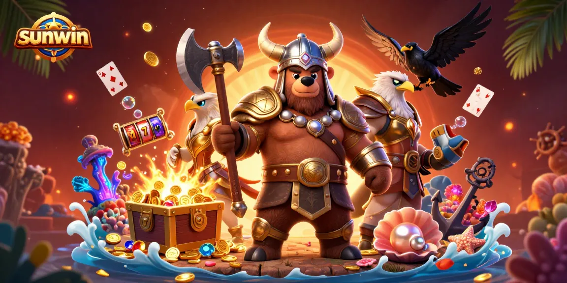 Join the fun at sunwin with a cartoon Viking bear and Valkyrie in a dynamic casino setting.