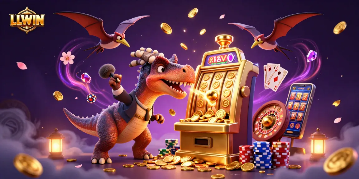 LLWIN features a vibrant 3D scene with a dinosaur and a golden slot machine in a casino environment.