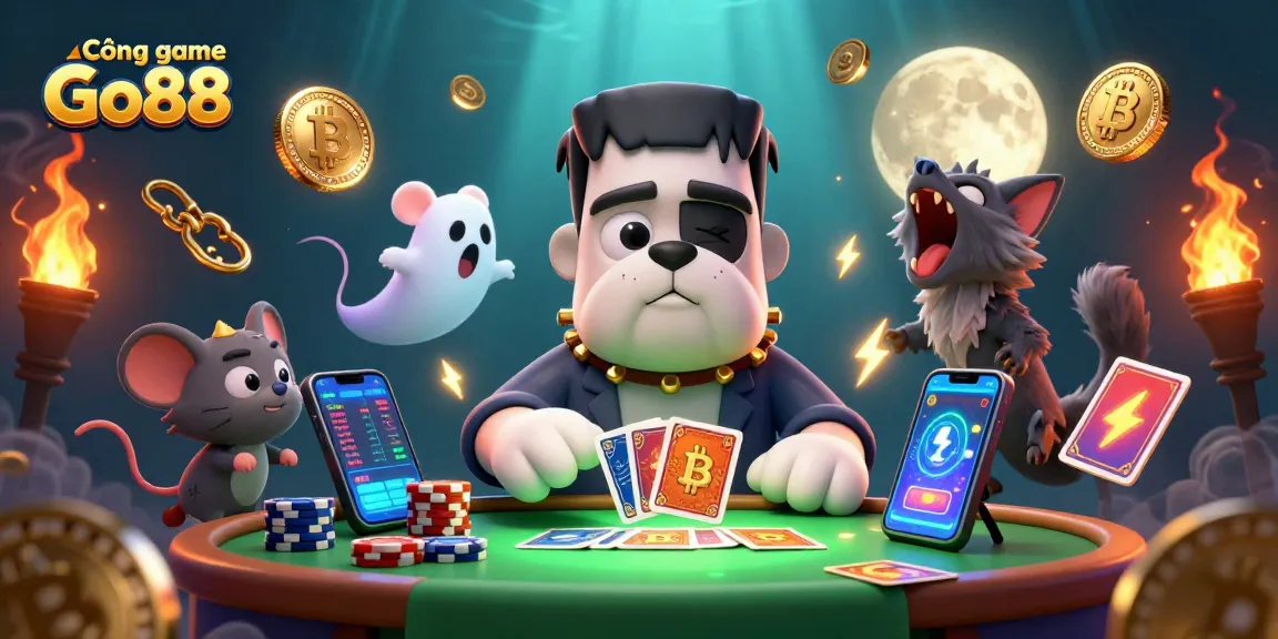 Cổng game Go88 offers thrilling card games with unique characters at a lively casino table.