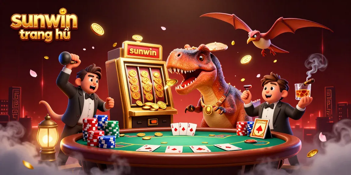 Experience excitement at sunwin trang chủ with cartoon dinosaurs in a lively casino scene featuring jackpot wins and poker.